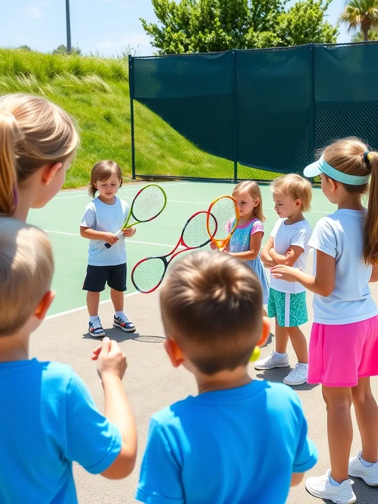 A diverse group of children learning basic tennis strokes on a sunny court, guided by an enthusiastic coach, emphasizing the club's commitment to initiation.