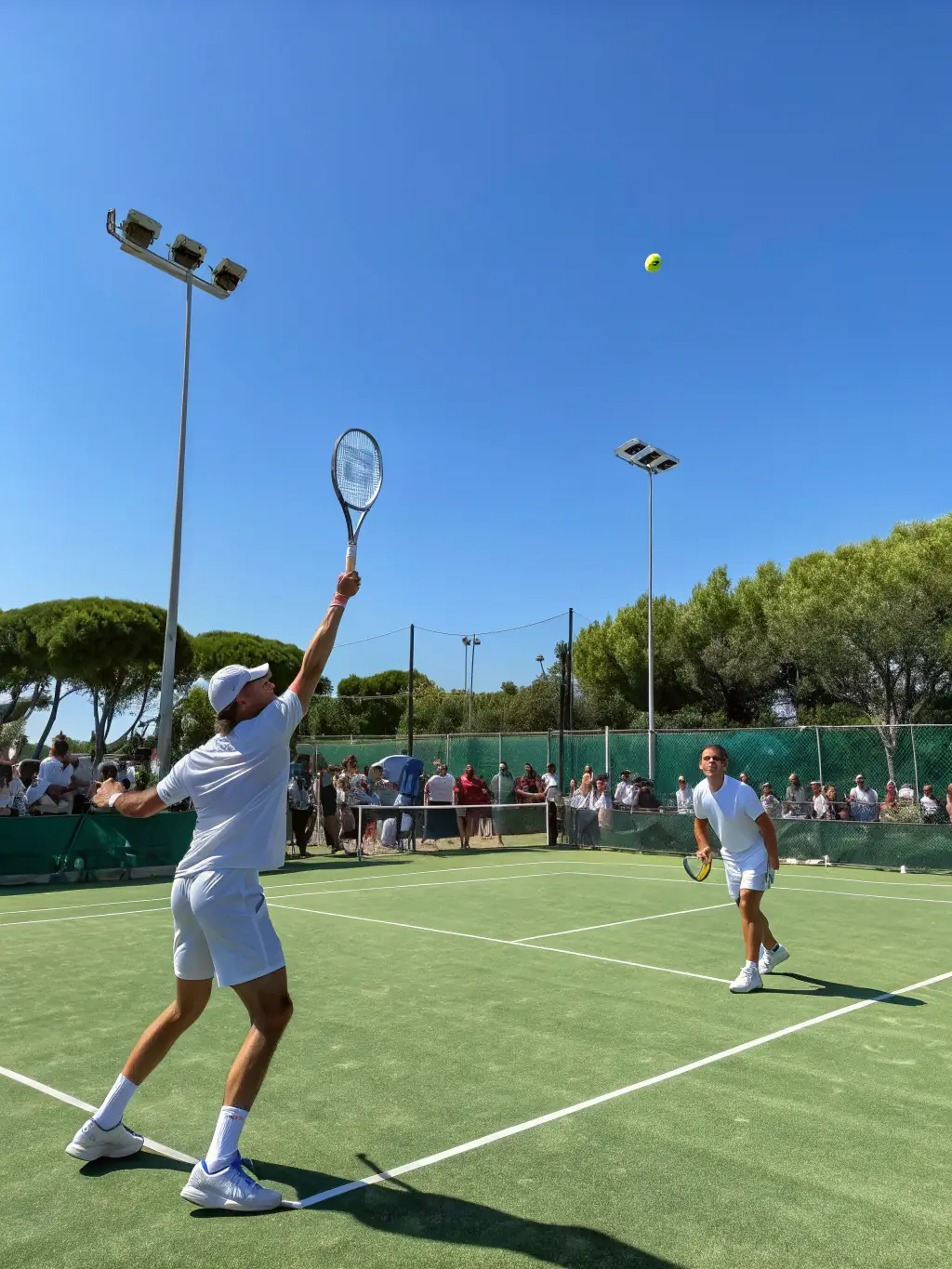 A dynamic shot of adults engaged in a competitive tennis match during a club tournament at TCP TENNIS CLUB DE PONT SAINT PIERRE.