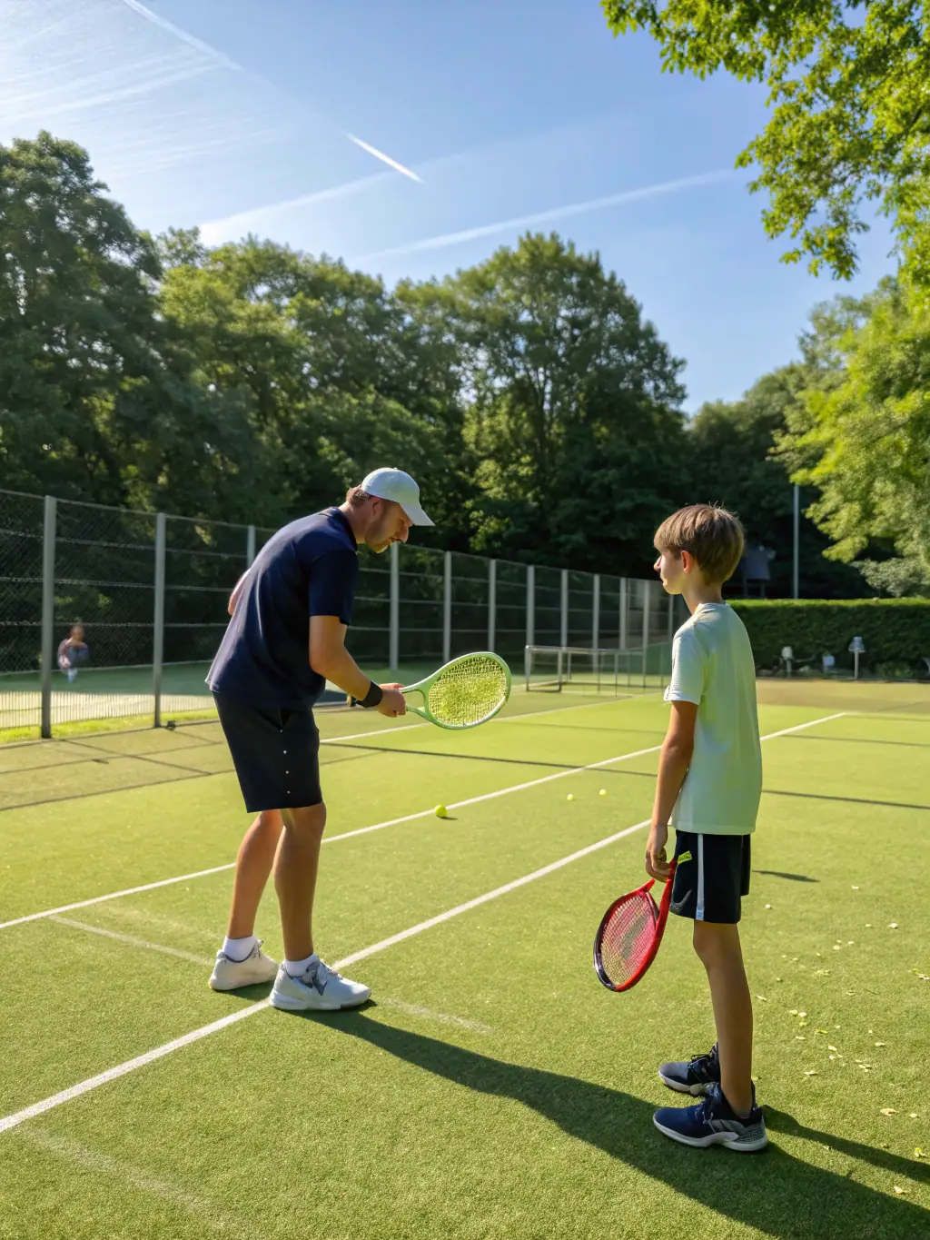 A focused image of a coach providing personalized tennis instruction to a player at TCP TENNIS CLUB DE PONT SAINT PIERRE, highlighting individual improvement.