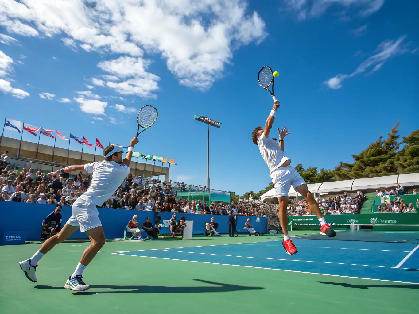 An image of adult players engaged in a competitive tennis match, demonstrating the intensity and camaraderie of adult leagues.