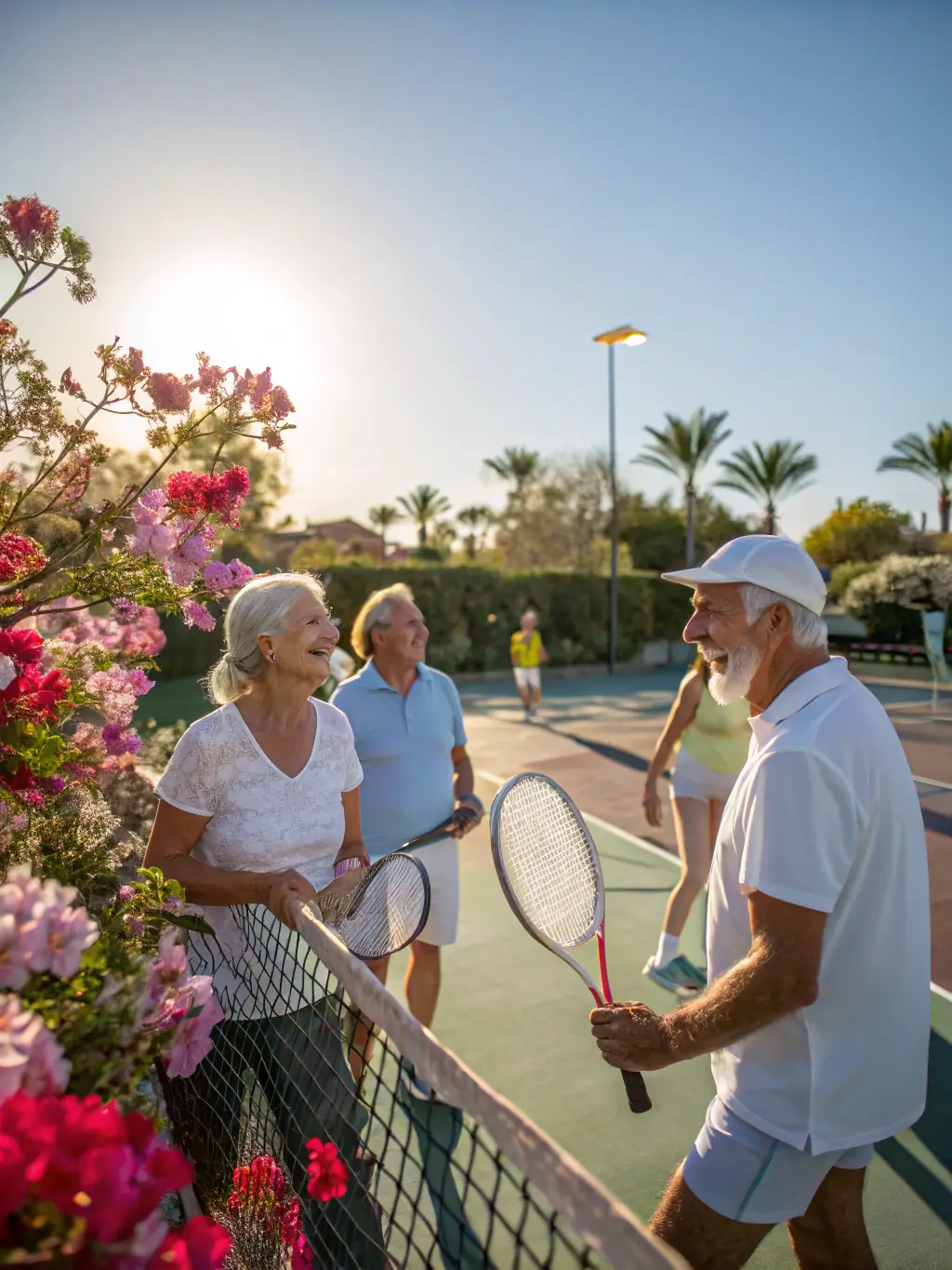 A group of senior members participating in a social tennis event at TCP TENNIS CLUB DE PONT SAINT PIERRE, emphasizing community and active lifestyle.
