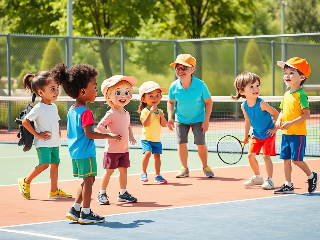 A dynamic image of children participating in a junior tennis clinic, showcasing their enthusiasm and engagement with the sport.