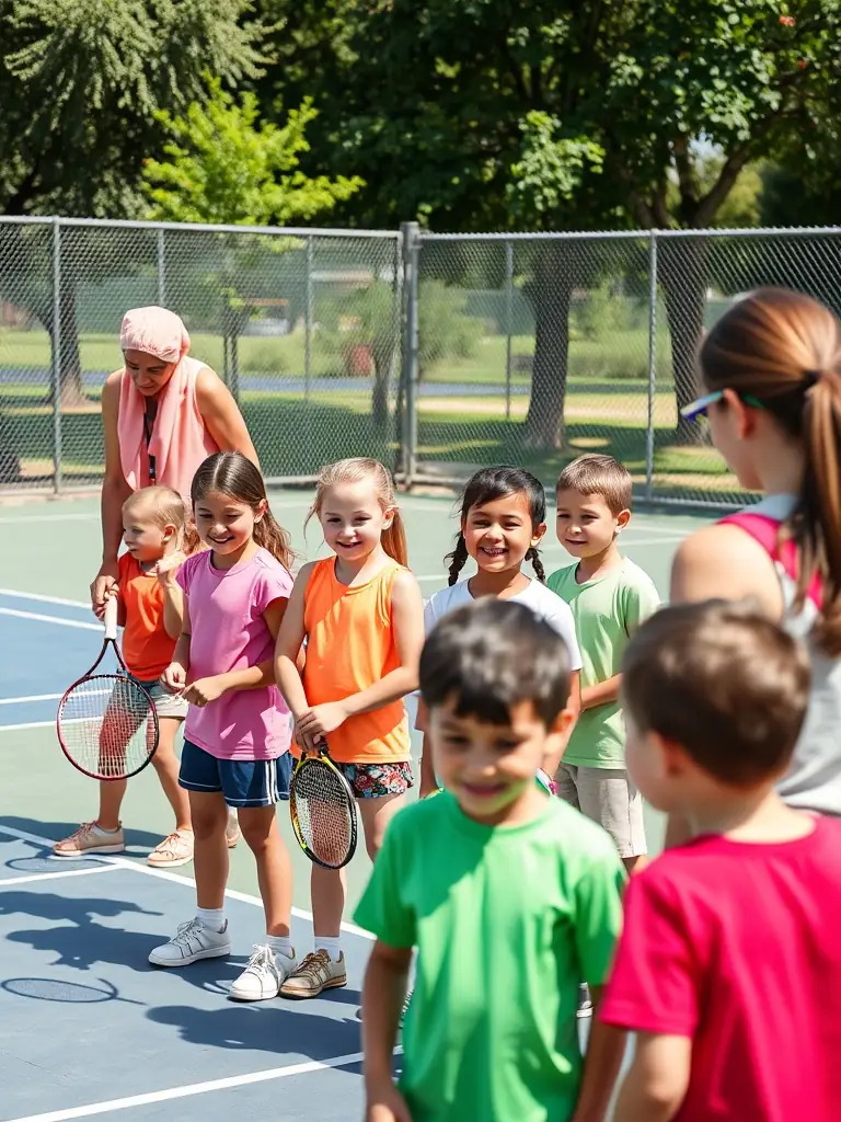 A vibrant image of children participating in a junior tennis clinic at TCP TENNIS CLUB DE PONT SAINT PIERRE, focusing on fun and skill development.
