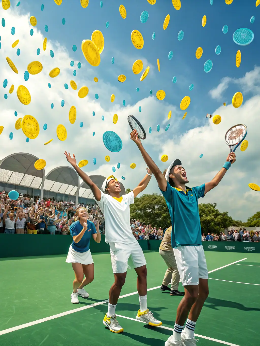 A photograph capturing the excitement of a local tennis tournament, with players and spectators cheering, highlighting the club's competitive spirit.
